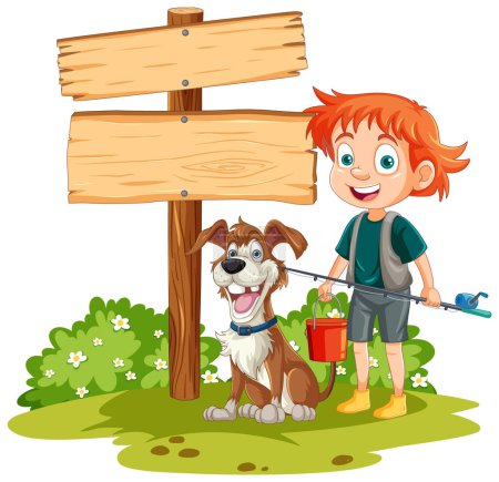 Téléchargez les illustrations : Garçon joyeux avec chien debout à côté du panneau indicateur. - en licence libre de droit