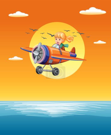 Ilustración de Niño piloto volando avión sobre el océano al atardecer. - Imagen libre de derechos