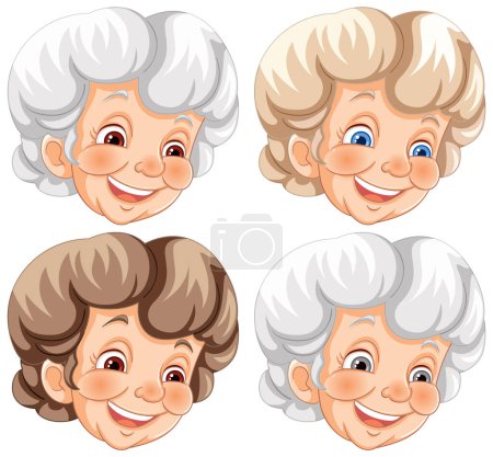 Cuatro alegres retratos ilustrados de ancianas.