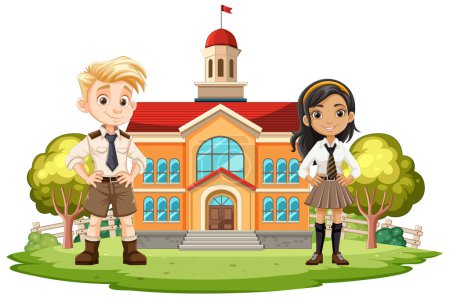 Illustration for Two cartoon students standing in front of school. - Royalty Free Image