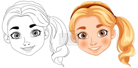 Illustration for Black and white sketch beside colored illustration - Royalty Free Image