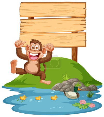 Téléchargez les illustrations : Joyeux singe assis près d'un étang avec des canards. - en licence libre de droit