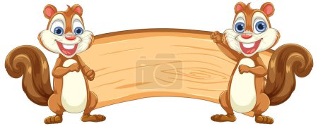 Illustration for Two cartoon chipmunks presenting an empty banner. - Royalty Free Image
