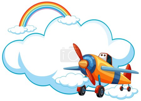 Téléchargez les illustrations : Avion de bande dessinée volant près d'un arc-en-ciel vibrant - en licence libre de droit