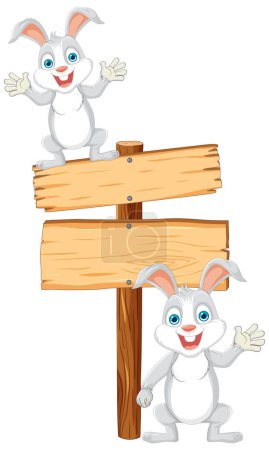 Two happy rabbits beside a blank signpost.
