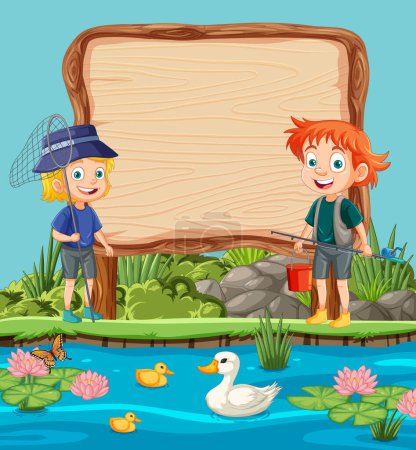 Téléchargez les illustrations : Deux enfants pêchent près d'un étang avec un panneau vierge - en licence libre de droit