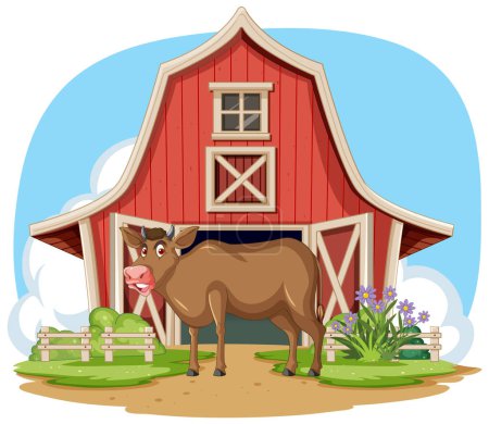 Cartoon cow standing by a barn on a farm