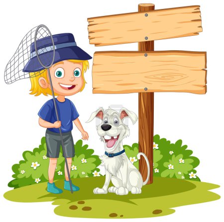 Ilustración de Sonriente chico con perro de pie cerca de señal en blanco. - Imagen libre de derechos