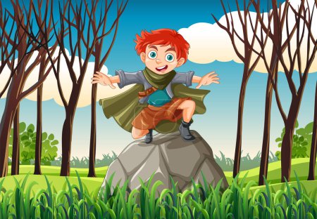 Illustration for Happy young boy playing on a rock outdoors - Royalty Free Image