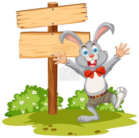 Téléchargez les photos : Happy cartoon rabbit standing by a signpost - en image libre de droit