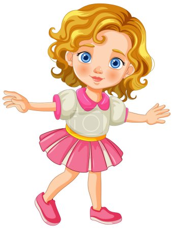 Dibujos animados de una chica alegre en una falda rosa bailando