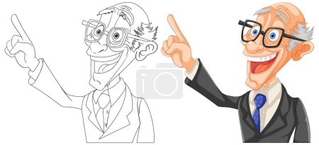 Illustration for Colorful vector of a happy scientist pointing upwards - Royalty Free Image