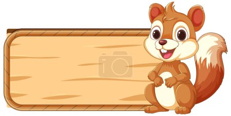 Téléchargez les photos : Cartoon squirrel beside an empty wooden sign. - en image libre de droit