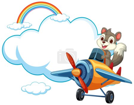 Téléchargez les illustrations : Caricature écureuil volant un avion avec arc-en-ciel - en licence libre de droit