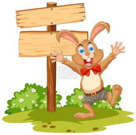 Téléchargez les photos : Happy cartoon rabbit standing by a signpost. - en image libre de droit