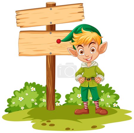 Smiling elf character standing next to a sign