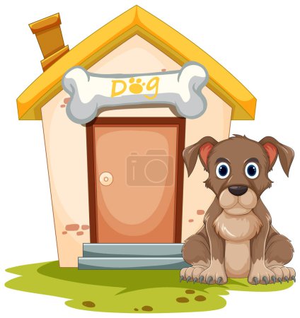 Téléchargez les photos : Cute brown puppy sitting outside its house - en image libre de droit