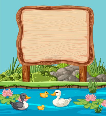 Téléchargez les illustrations : Illustration vectorielle de canards nageant près d'un panneau vierge. - en licence libre de droit