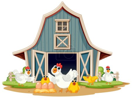 Colorful chickens gathered outside a wooden barn