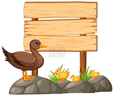 Téléchargez les photos : Cartoon ducks beside a blank wooden signboard. - en image libre de droit