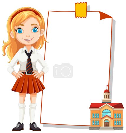 Illustration for Cheerful student presenting with a large empty board - Royalty Free Image