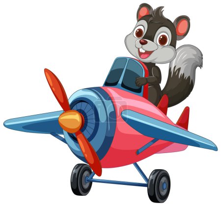 Téléchargez les illustrations : Écureuil dessin animé volant un avion coloré - en licence libre de droit