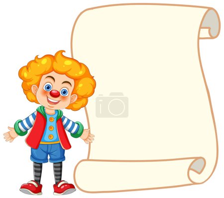 Illustration for Cheerful cartoon clown presenting an empty scroll - Royalty Free Image