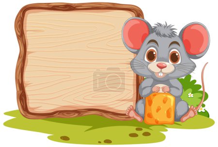 Illustration for Cute mouse holding cheese beside blank sign. - Royalty Free Image