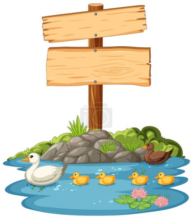 Téléchargez les illustrations : Canards et poteau indicateur à côté d'un étang tranquille - en licence libre de droit
