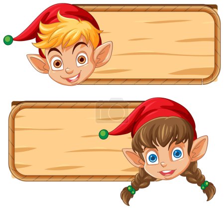 Téléchargez les illustrations : Deux elfes de dessin animé regardant derrière des panneaux en bois. - en licence libre de droit