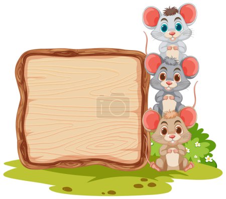 Téléchargez les illustrations : Trois souris dessinées à côté d'un panneau vide - en licence libre de droit