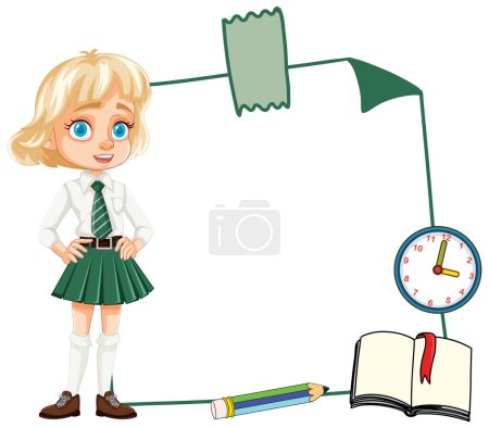 Téléchargez les photos : Cartoon schoolgirl with book, pencil, and clock - en image libre de droit