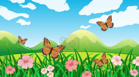 Illustration for Colorful butterflies over flowers in a green field - Royalty Free Image