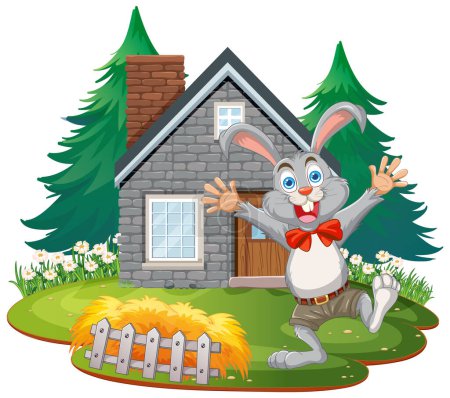 Téléchargez les photos : Happy cartoon rabbit standing by a stone house - en image libre de droit
