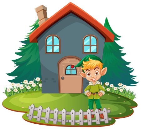 Téléchargez les photos : Cheerful elf standing by a whimsical house - en image libre de droit