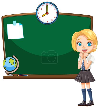 Téléchargez les illustrations : Cartoon girl debout près d'un tableau noir avec globe - en licence libre de droit