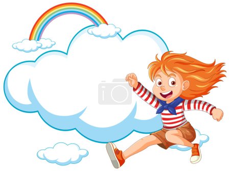 Happy cartoon child jumping near a rainbow