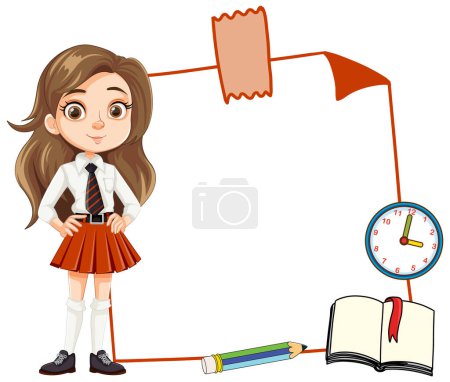 Estudiante de dibujos animados con libro, lápiz y reloj