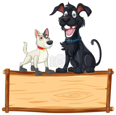 Téléchargez les illustrations : Deux chiens de dessin animé debout derrière un panneau vierge - en licence libre de droit