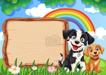 Téléchargez les illustrations : Deux chiens à côté d'un panneau en bois vierge à l'extérieur. - en licence libre de droit