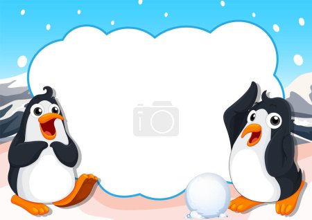 Téléchargez les illustrations : Deux pingouins de dessin animé jouant avec une boule de neige. - en licence libre de droit
