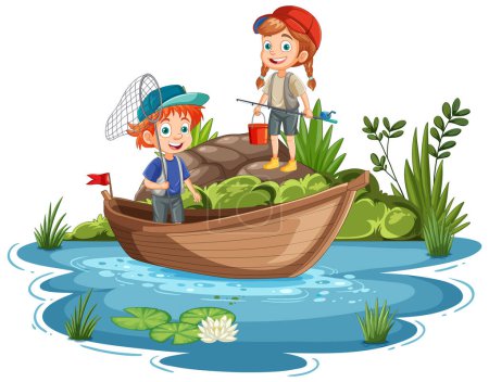 Téléchargez les illustrations : Deux enfants pêchent sur un bateau dans un étang - en licence libre de droit