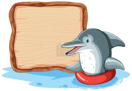 Illustration for Cheerful dolphin beside a blank wooden board. - Royalty Free Image