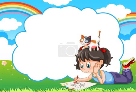 Young girl drawing flowers outdoors with her cat.