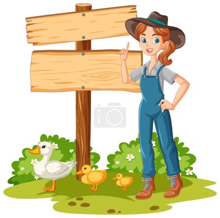 Téléchargez les illustrations : Dessin animé paysan debout à côté d'un panneau avec des canards. - en licence libre de droit