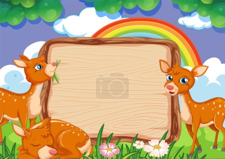 Ilustración de Ciervo alrededor de un letrero de madera bajo un arco iris. - Imagen libre de derechos