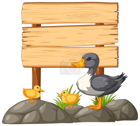 Cartoon ducks near a blank wooden signpost.