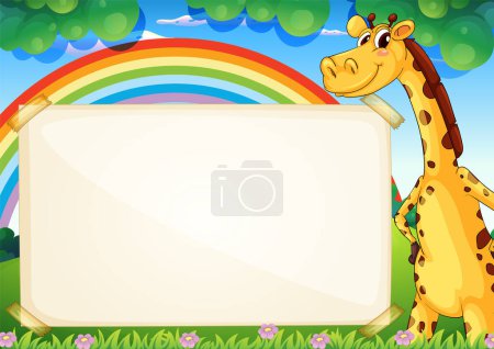 Téléchargez les illustrations : Girafe de bande dessinée à côté d'un signe vierge, fond coloré. - en licence libre de droit