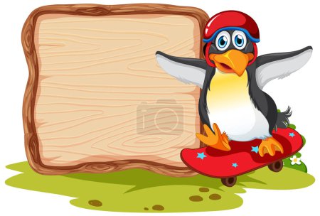 Illustration for Cartoon penguin on skateboard beside blank sign. - Royalty Free Image