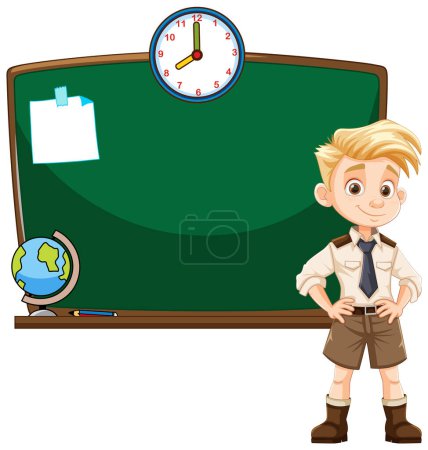 Illustration for Cartoon boy scout standing in front of chalkboard - Royalty Free Image